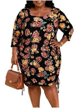 Butterflies & Rainbows Size 1X Dress Floral Black Adjustable Side Drawstrings